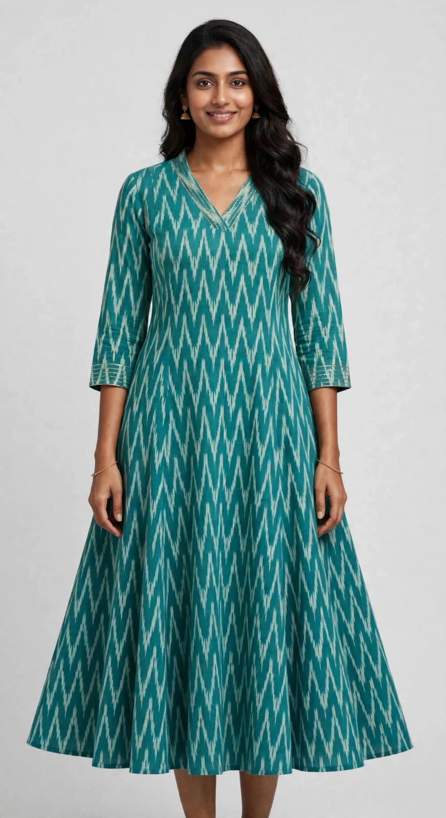 Ikkat Cotton Stitched A-Line Panel Cut Anarkali Kurta