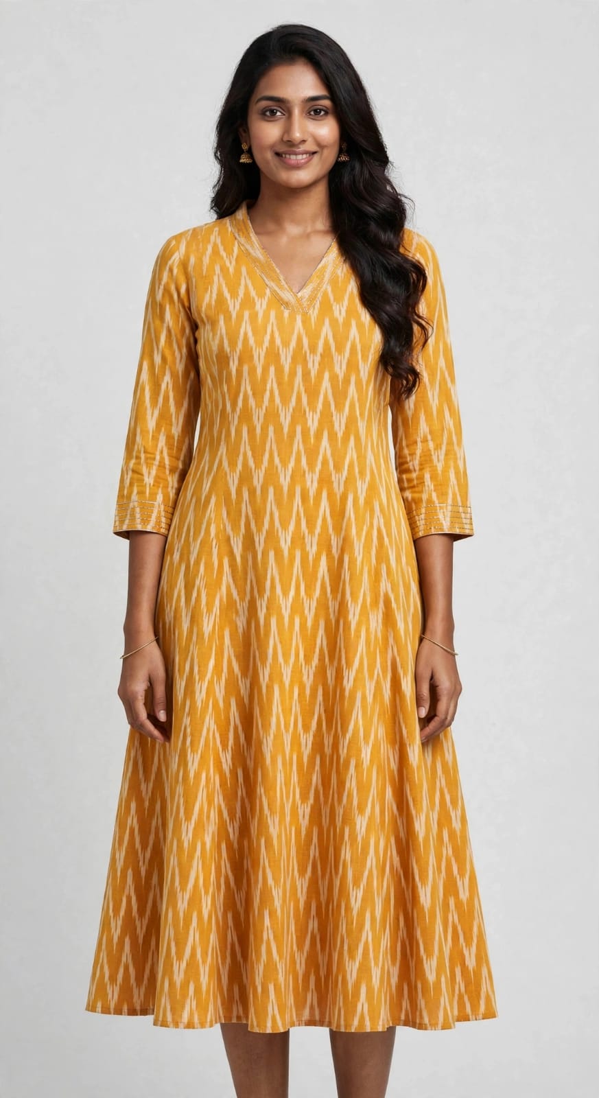 Ikkat Cotton Stitched A-Line Panel Cut Anarkali Kurta