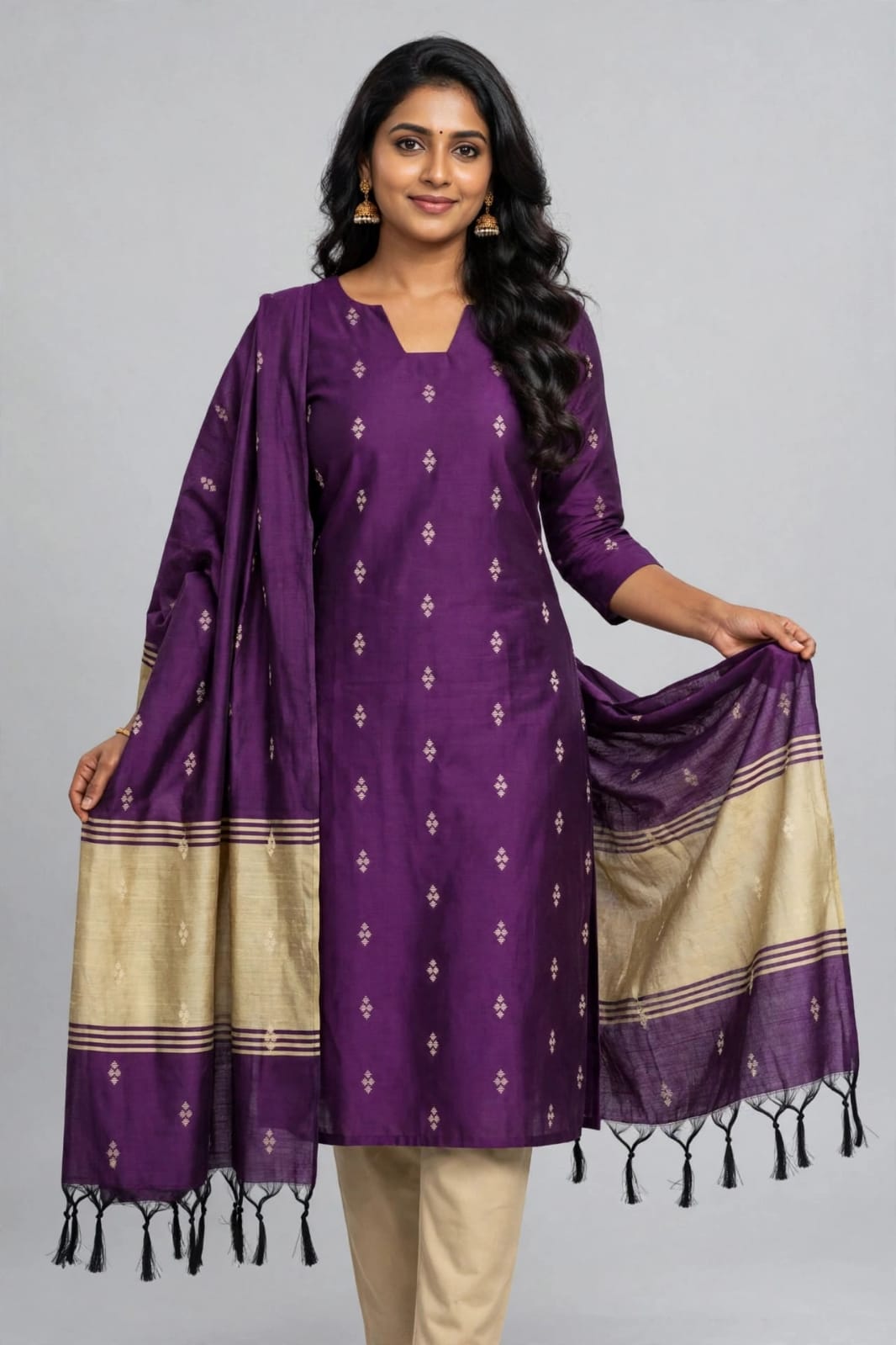 Raw Silk Stitched Salwar Suit Set with Lining - V-Neck