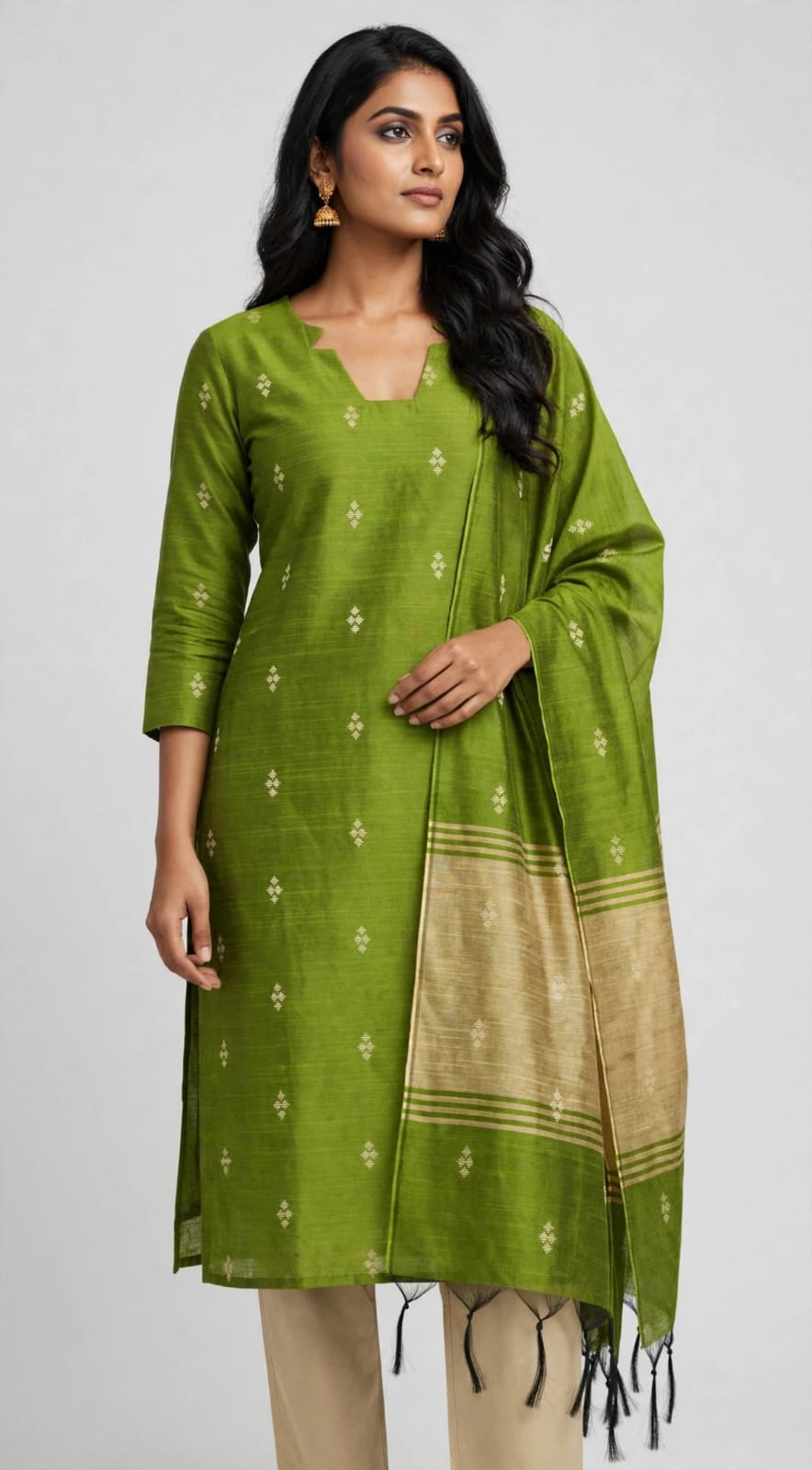 Raw Silk Stitched Salwar Suit Set with Lining - V-Neck