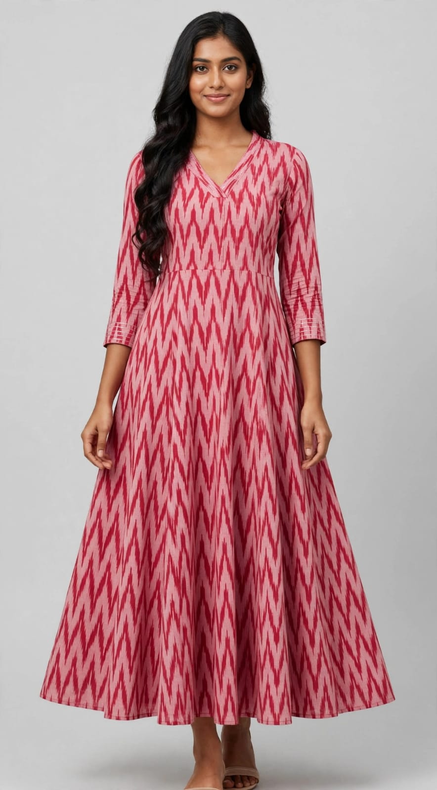 Ikkat Cotton Stitched A-Line Panel Cut Anarkali Kurta