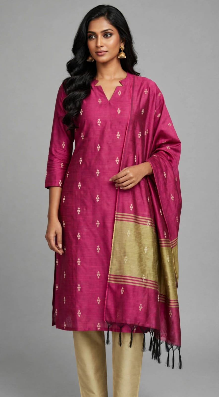 Raw Silk Stitched Salwar Suit Set with Lining - V-Neck