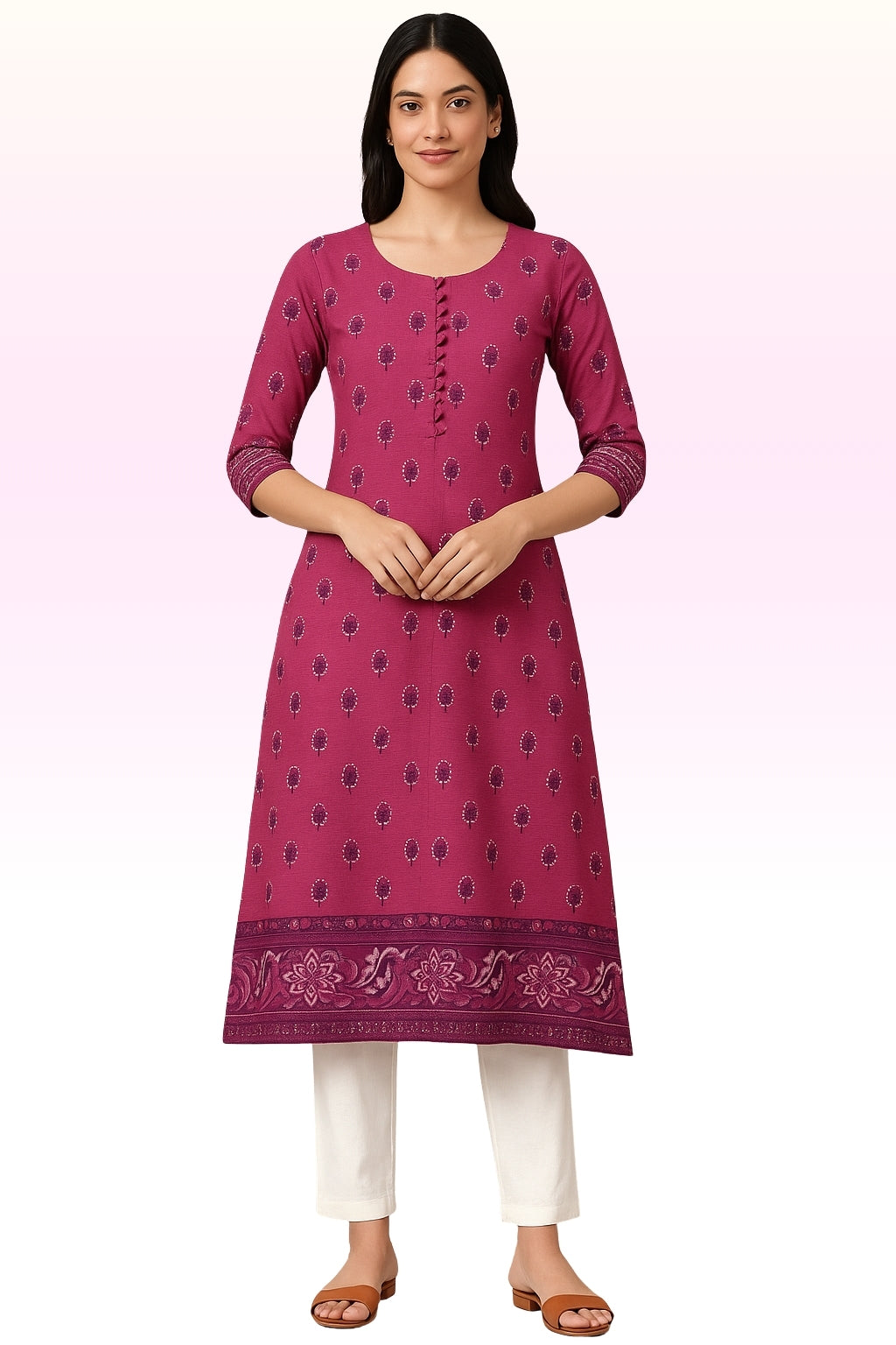 Silk Cotton Umbrella Kurthi – Maroon Printed Design
