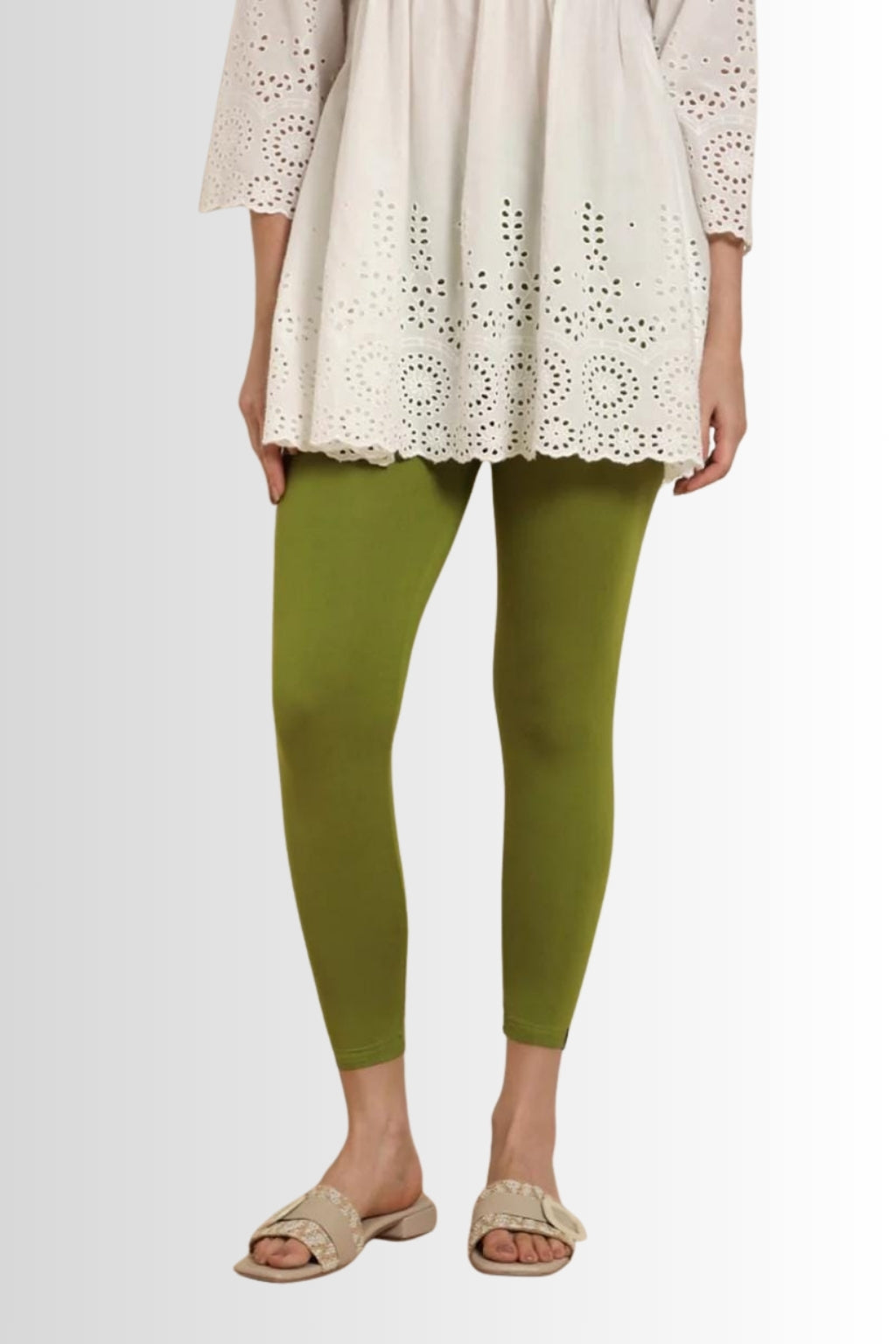 Women’s Olive Green Ankle-Length Leggings | Soft Cotton Lycra Stretch | Ideal for Kurti & Daily Wear
