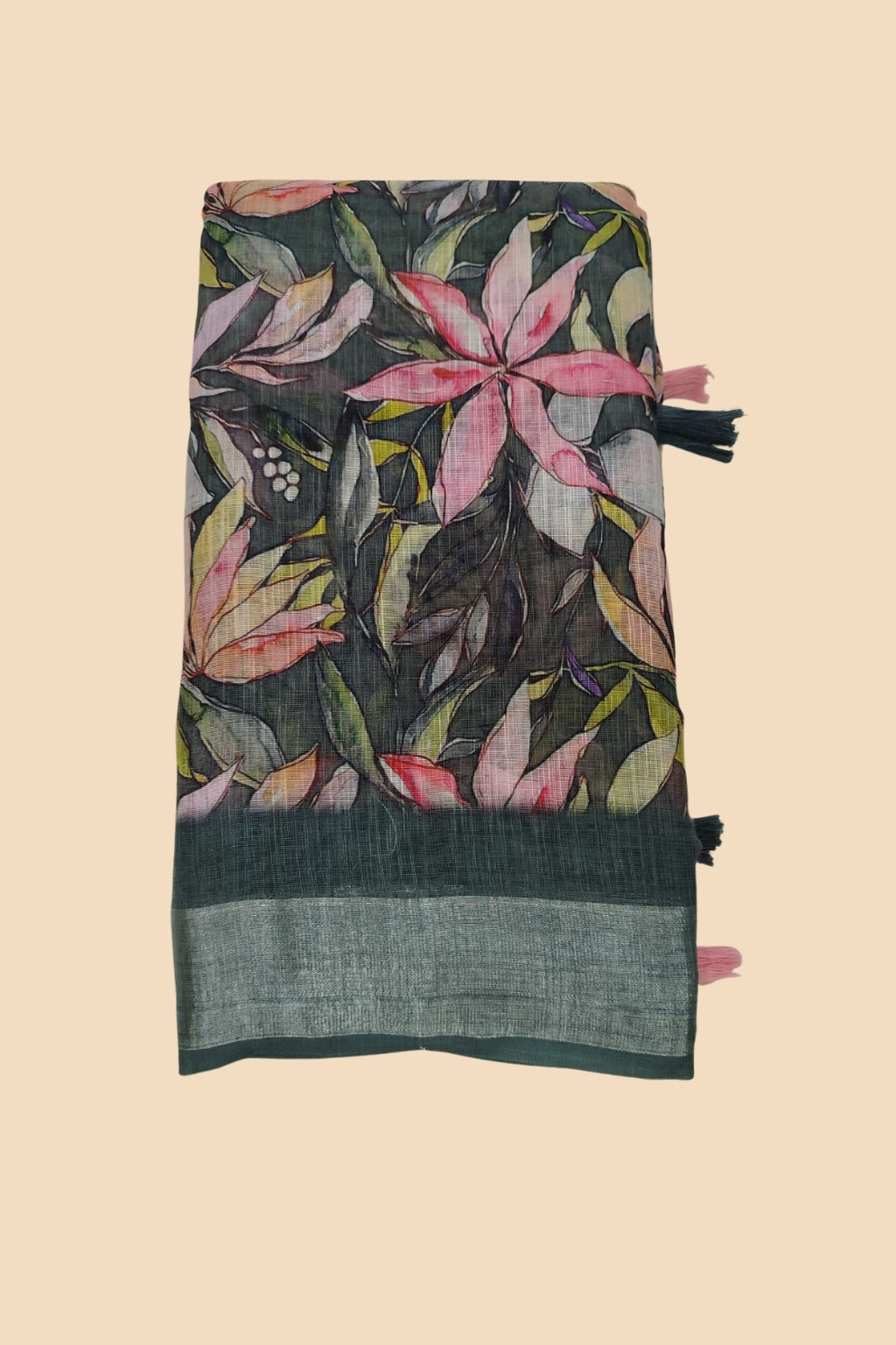 Dark Green Linen Cotton Floral Print Saree with Contrast Tassels