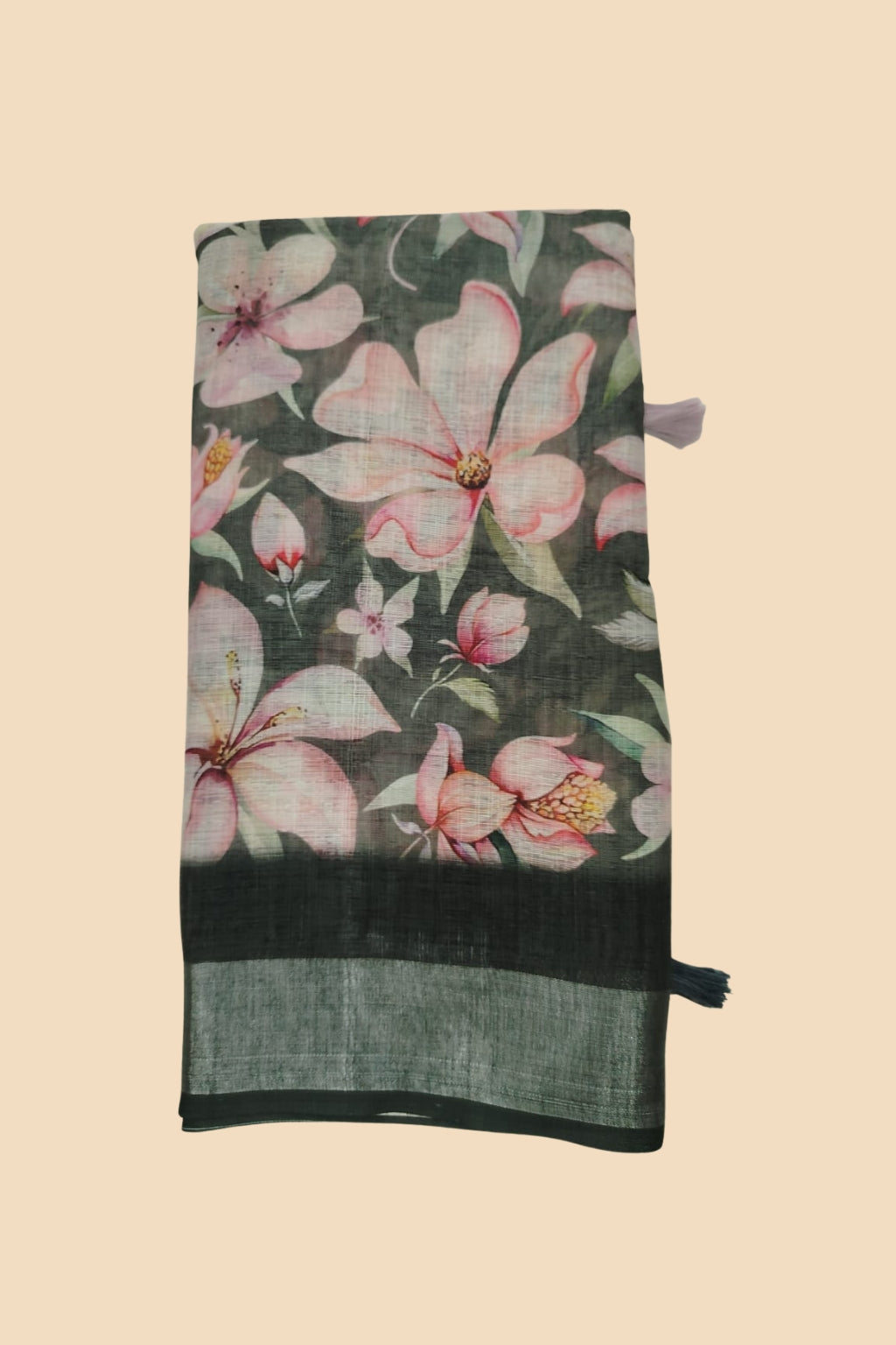 Black Linen Cotton Floral Print Saree with Silver Border