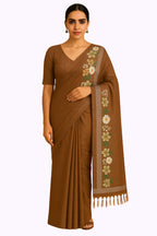 Brown Bhagalpur Art Silk Saree with Floral Embroidery & Tassels