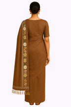 Brown Bhagalpur Art Silk Saree with Floral Embroidery & Tassels