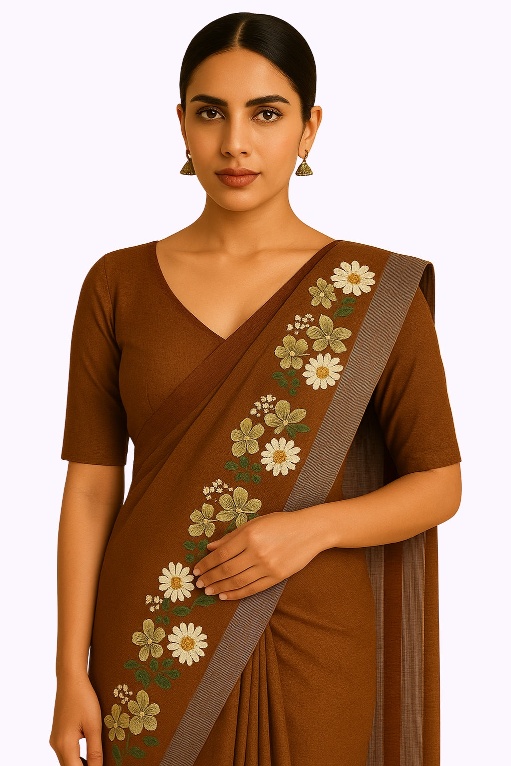 Brown Bhagalpur Art Silk Saree with Floral Embroidery & Tassels