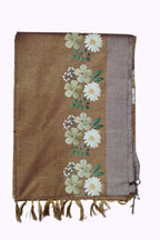 Brown Bhagalpur Art Silk Saree with Floral Embroidery & Tassels