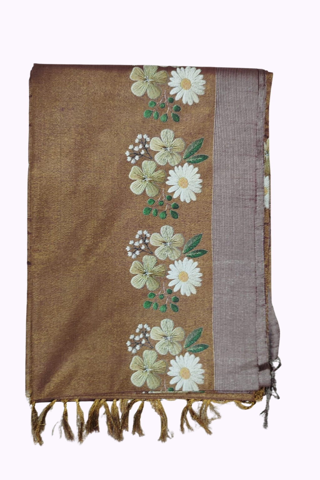 Brown Bhagalpur Art Silk Saree with Floral Embroidery & Tassels