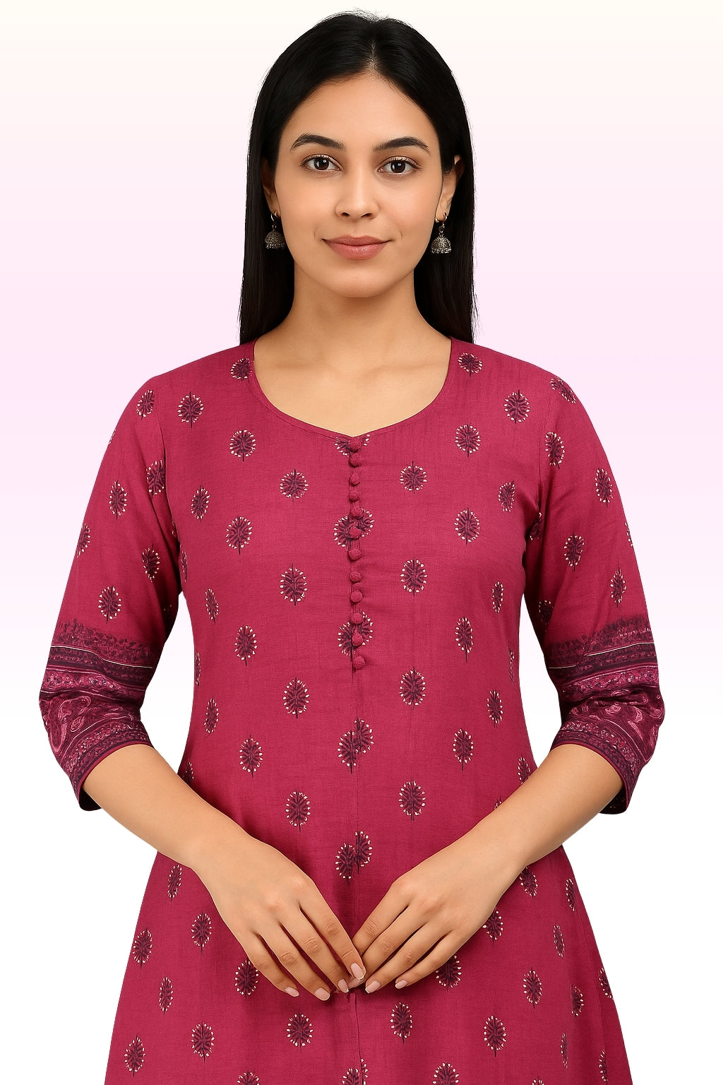 Silk Cotton Umbrella Kurthi – Maroon Printed Design