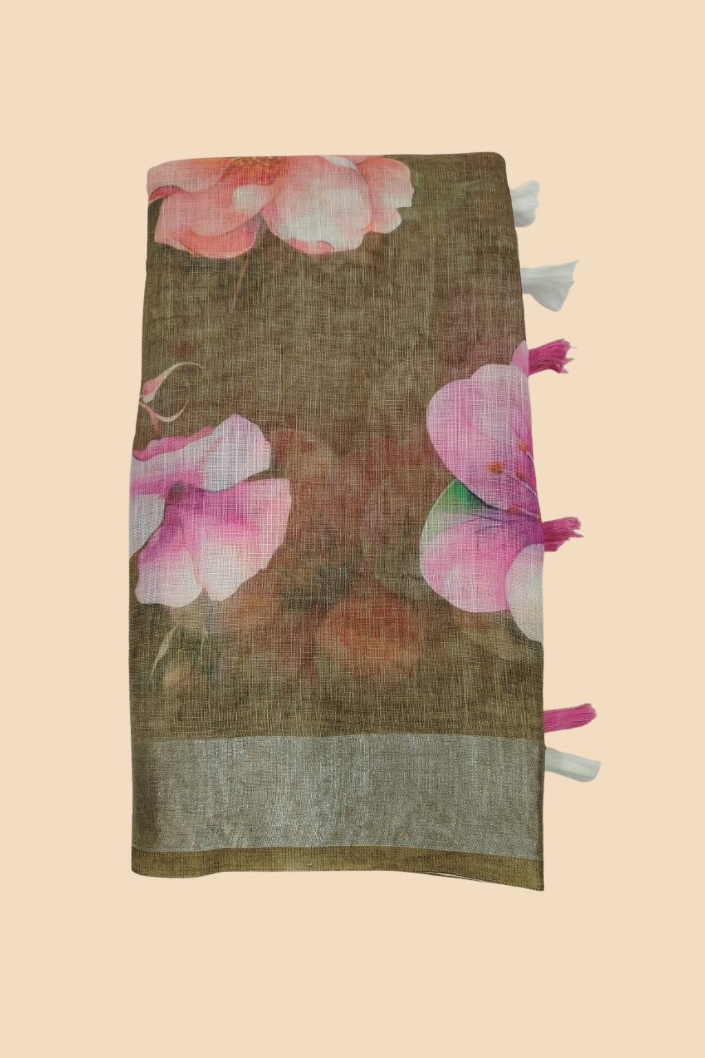 Brown Floral Linen Cotton Saree with Silver Border & Contrast Tassels