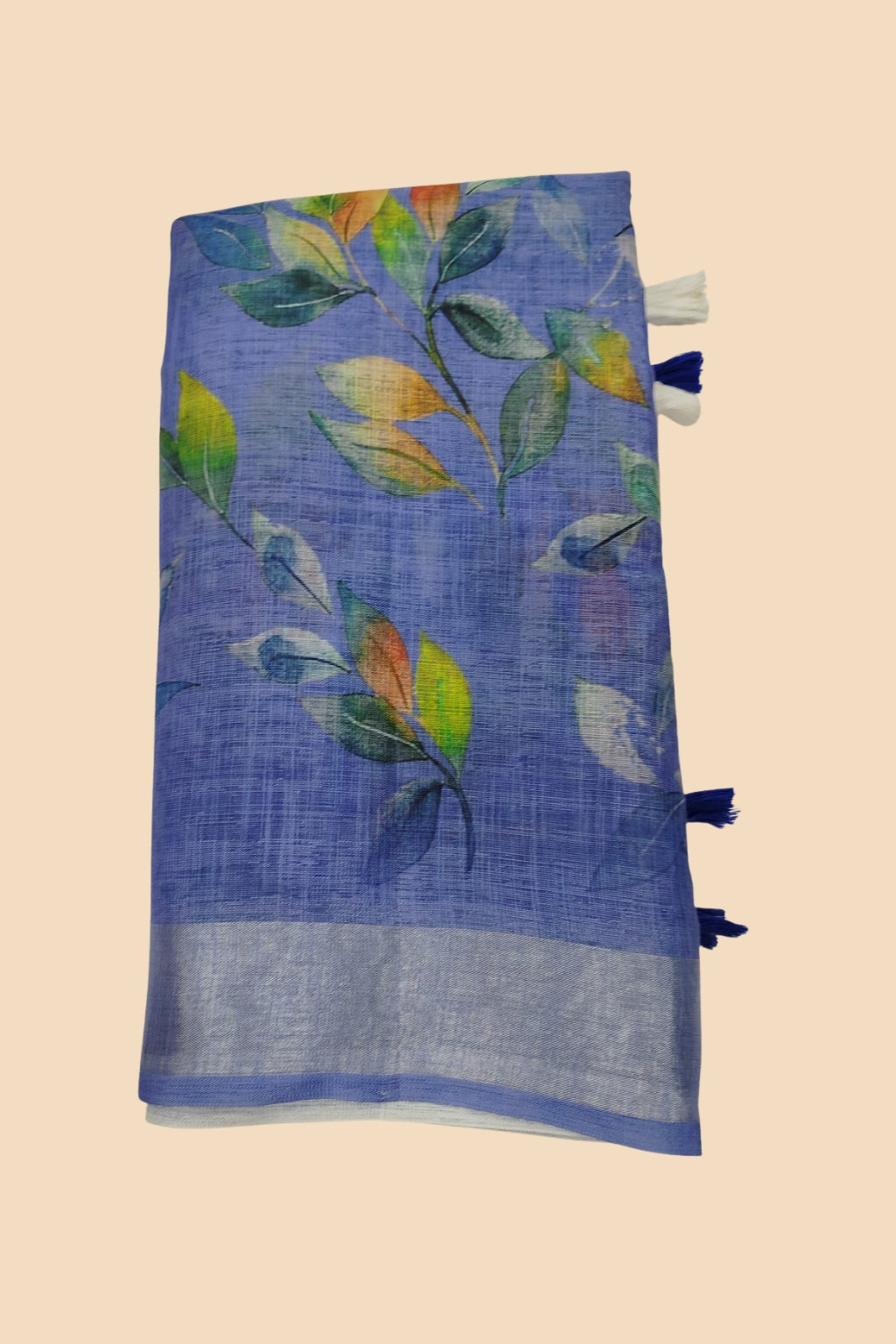 Blue Linen Cotton Leaf Print Saree with Soft Silver Border & Tassels