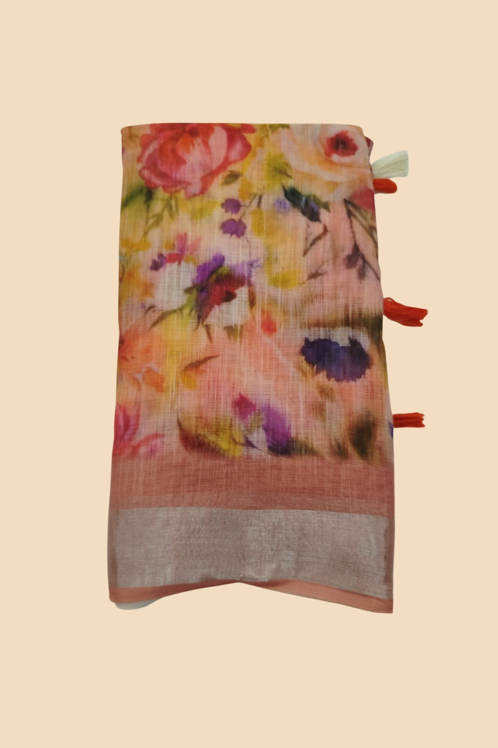Peach Linen Cotton Floral Digital Print Saree with Silver Border