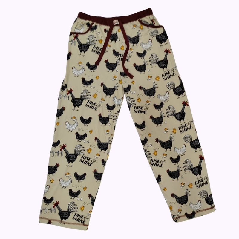 Women’s “Rise & Shine” Chicken Print Lounge Pants – Cream Cotton Nightwear Bottom