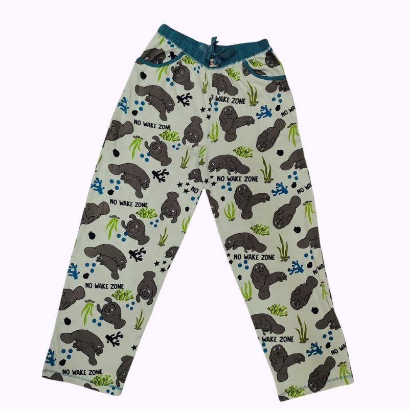 Women’s Cream Manatee Printed Lounge Pants – “No Wake Zone” Cotton Nightwear Bottom