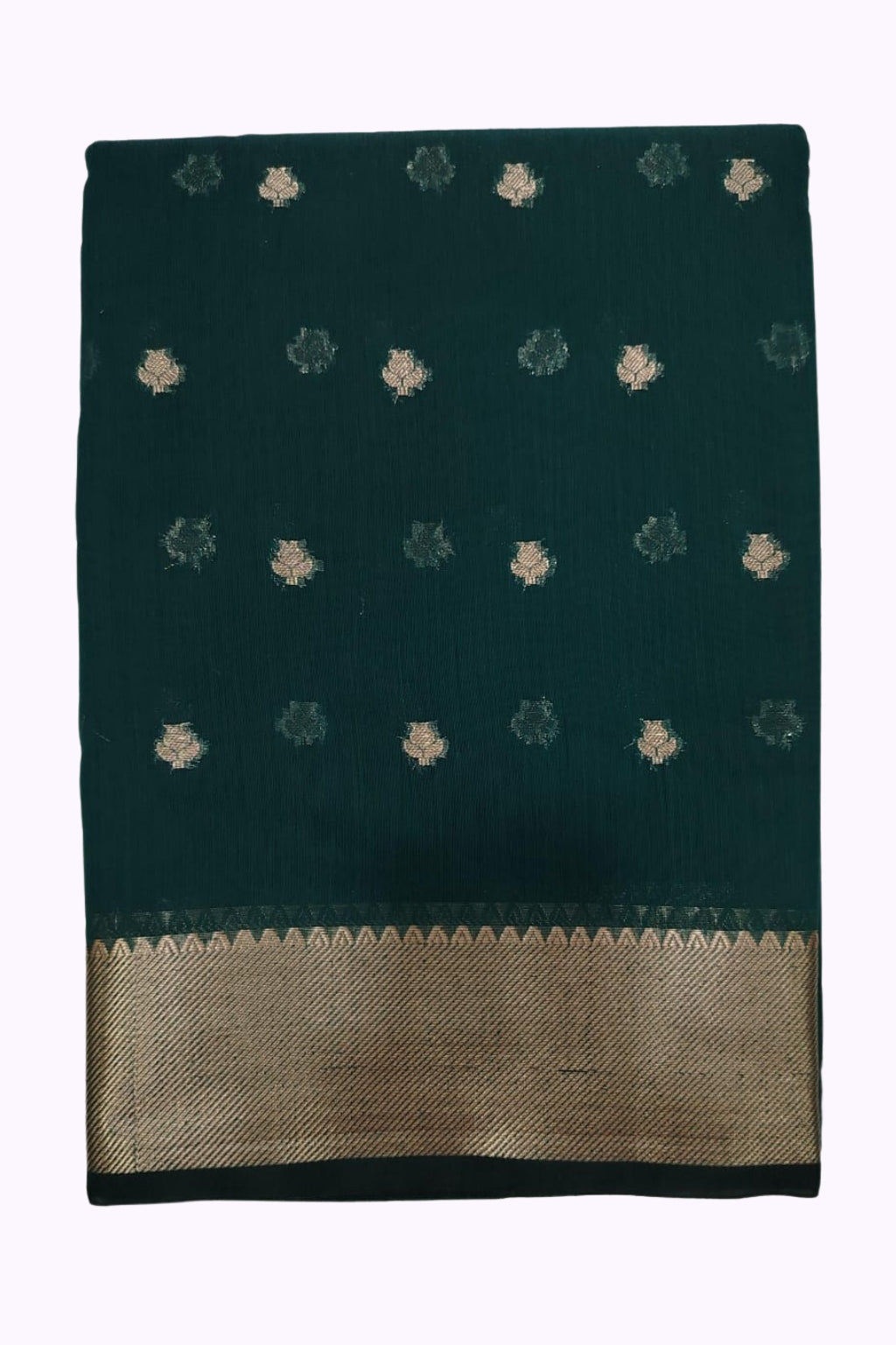 Deep Teal Banarasi Silk Saree with Gold Zari Buttas & Designer Woven Border