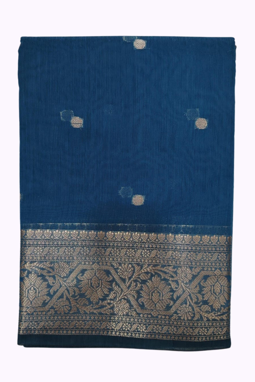 Royal Blue Banarasi Silk Saree with Silver Zari Buttas & Grand Floral Border