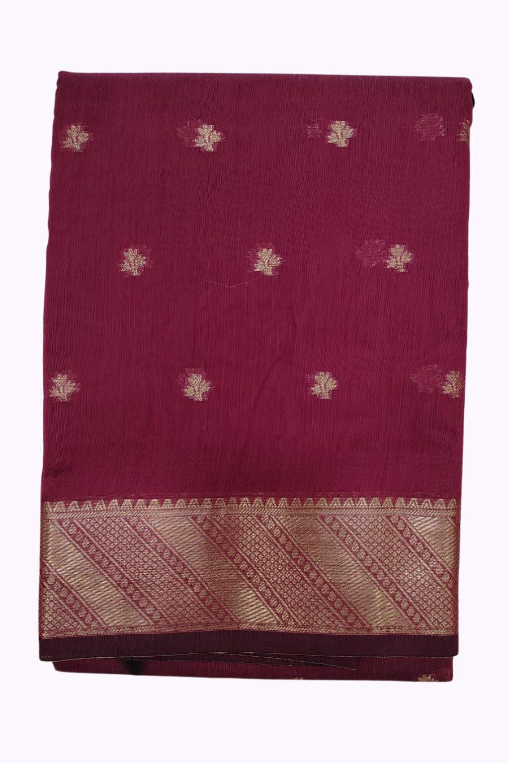Deep Wine Banarasi Silk Saree with Gold Zari Buttas & Designer Woven Border