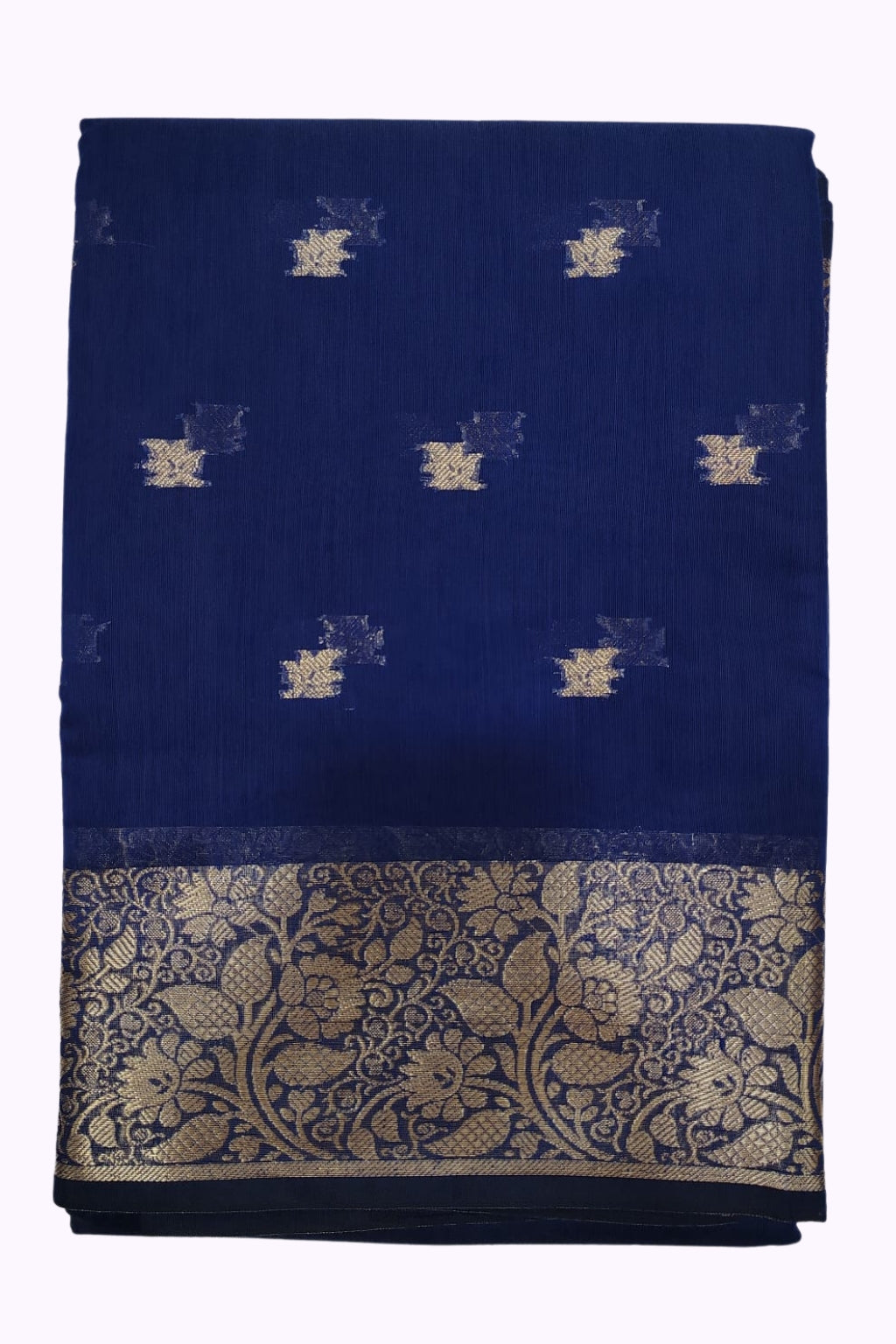 Royal Navy Blue Banarasi Silk Saree with Gold Zari Buttas & Grand Floral Border