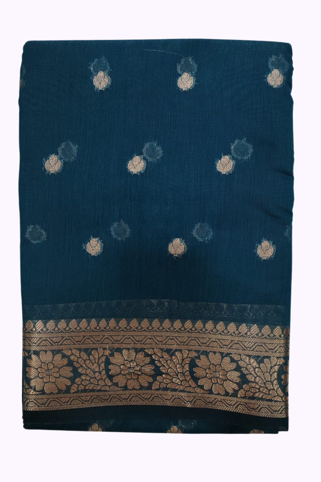 Elegant Teal Blue Banarasi Silk Saree with Gold Zari Buttas & Floral Border
