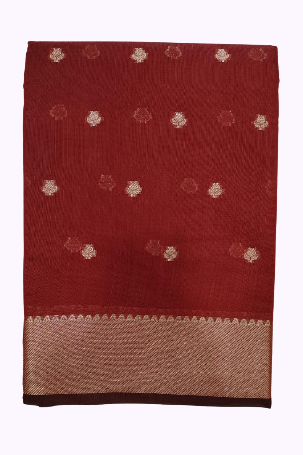 Classic Brick Red Banarasi Silk Saree with Gold Zari Buttas & Elegant Woven Border