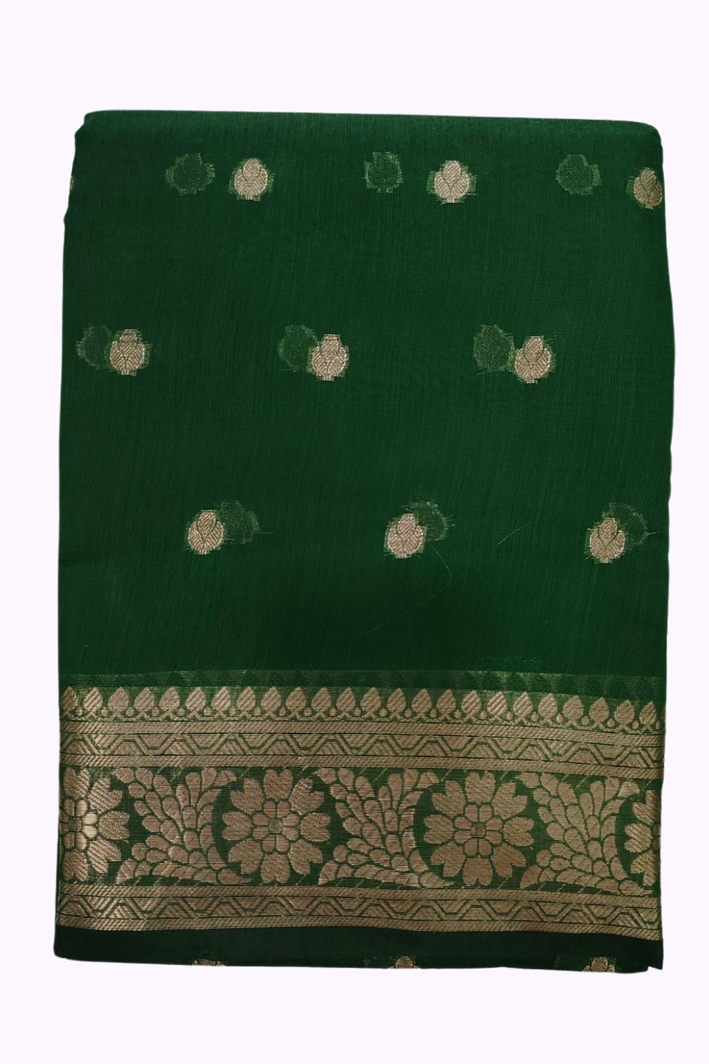 Emerald Green Banarasi Silk Saree with Gold Zari Buttas & Grand Floral Border