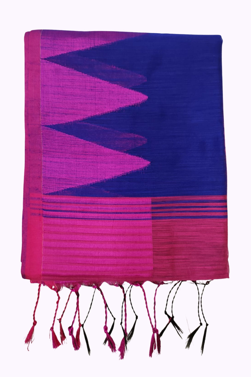 Royal Blue & Rani Pink Handloom Cotton Silk Saree with Bold Geometric Pallu & Tassels