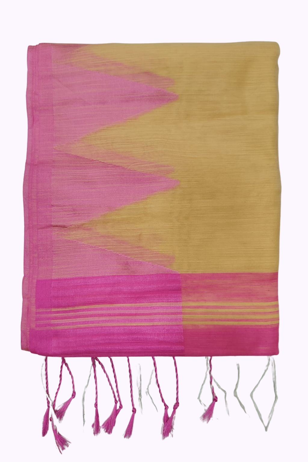 Sunshine Yellow & Rani Pink Handloom Cotton Silk Saree with Bold Geometric Pallu & Tassels