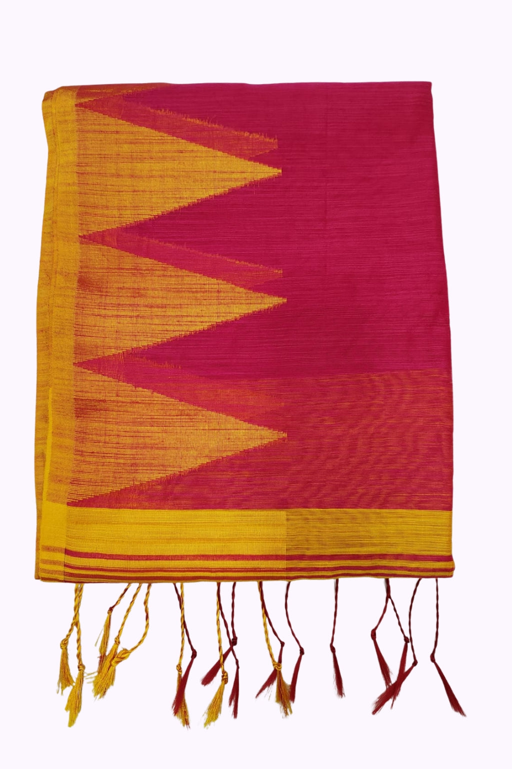 Rani Pink & Mustard Yellow Handloom Cotton Silk Saree with Bold Geometric Pallu & Tassels