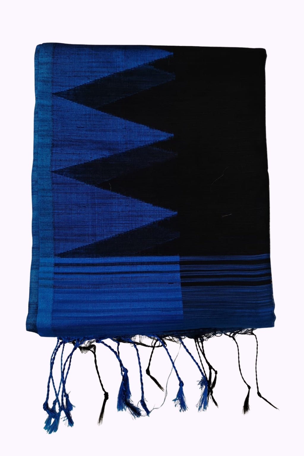 Midnight Black & Royal Blue Handloom Cotton Silk Saree with Bold Geometric Pallu & Tassels