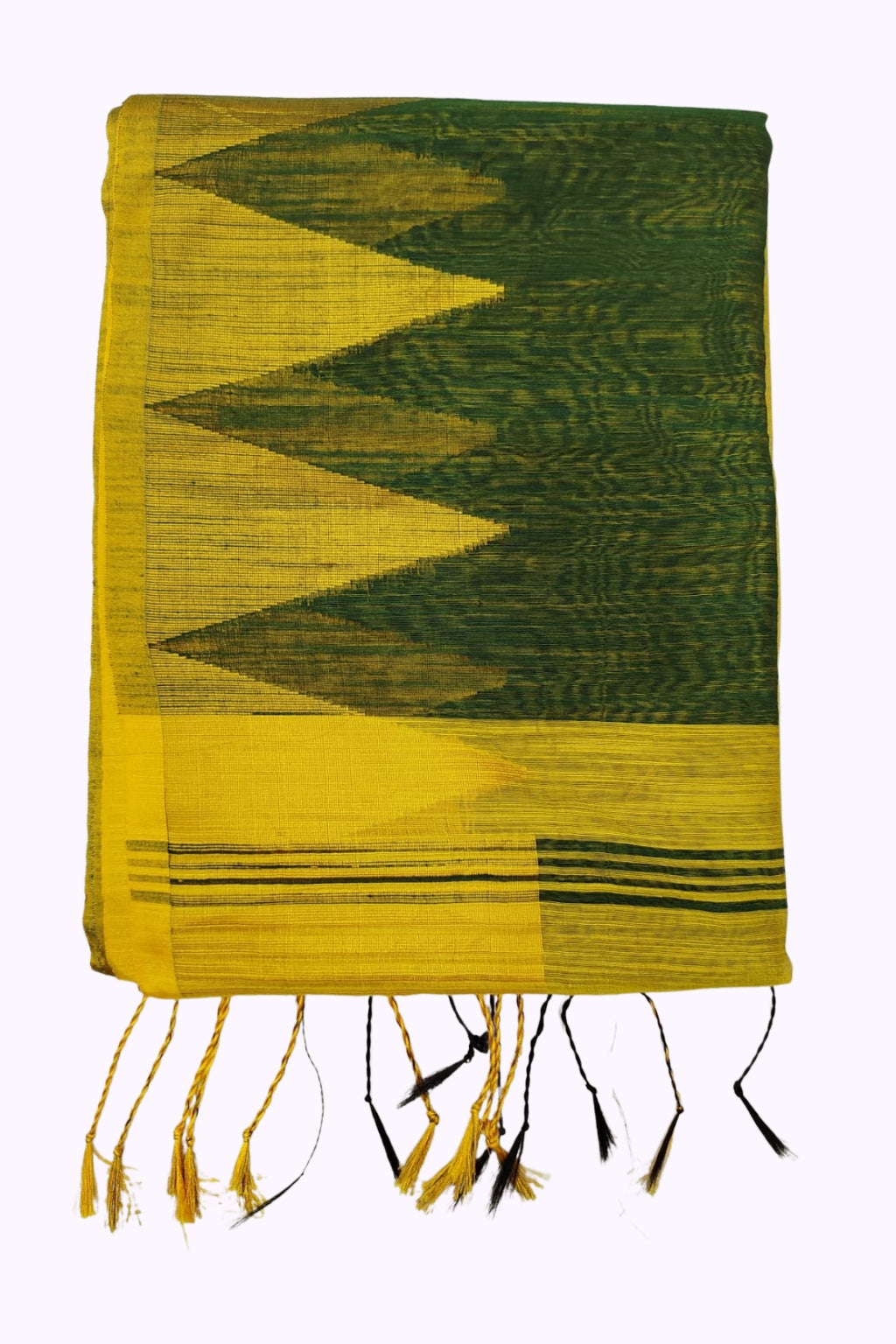 Mustard Yellow & Forest Green Handloom Cotton Saree with Bold Triangle Pallu & Tassels