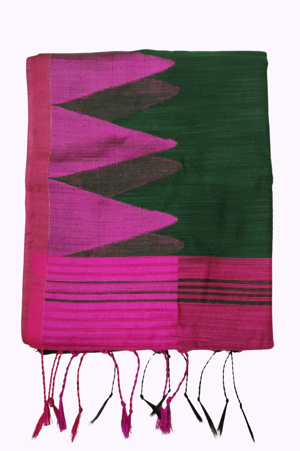 Bottle Green & Rani Pink Handloom Cotton Saree with Bold Triangle Pallu & Tassels