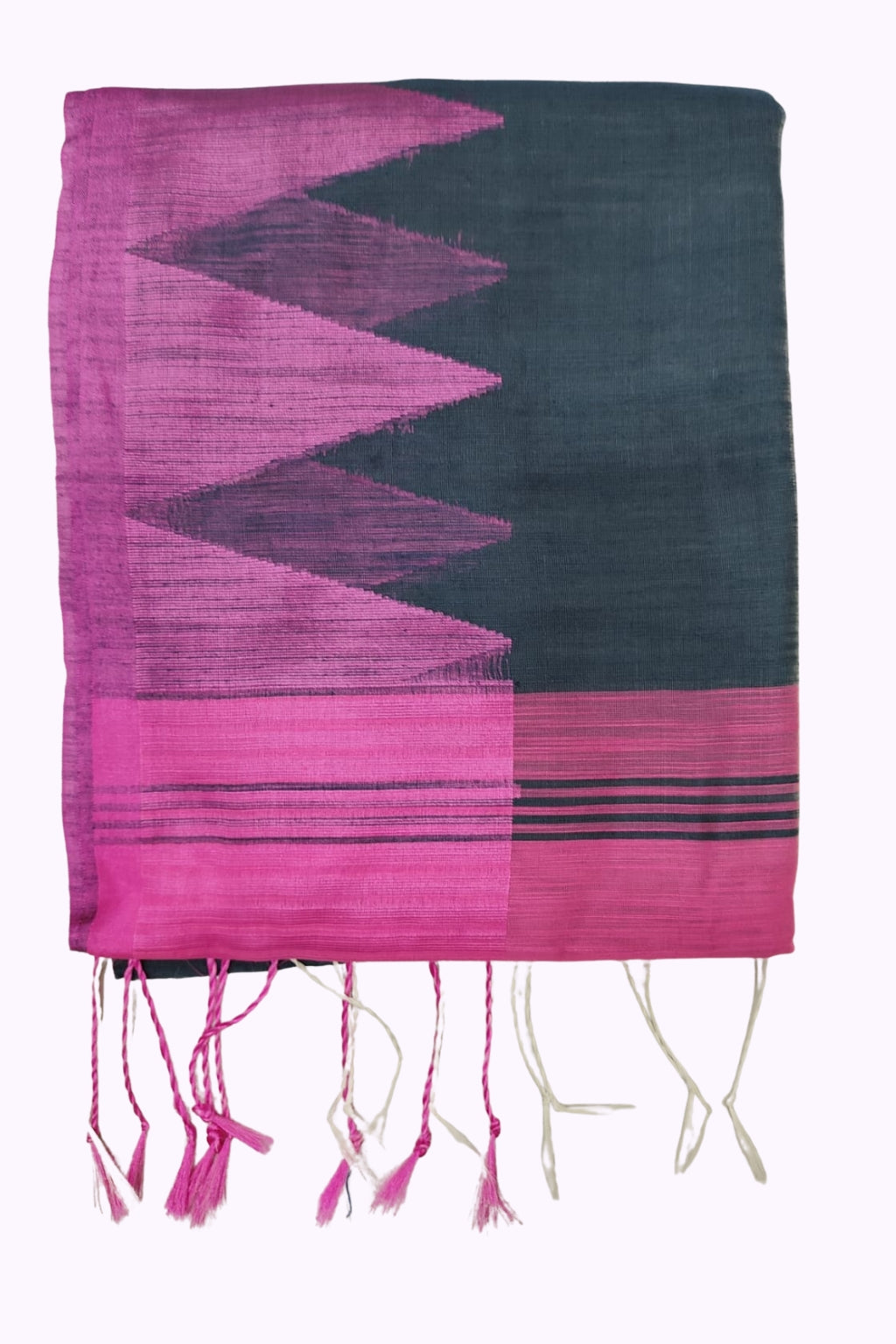 Charcoal Grey & Rani Pink Handloom Cotton Saree with Bold Geometric Pallu & Tassels