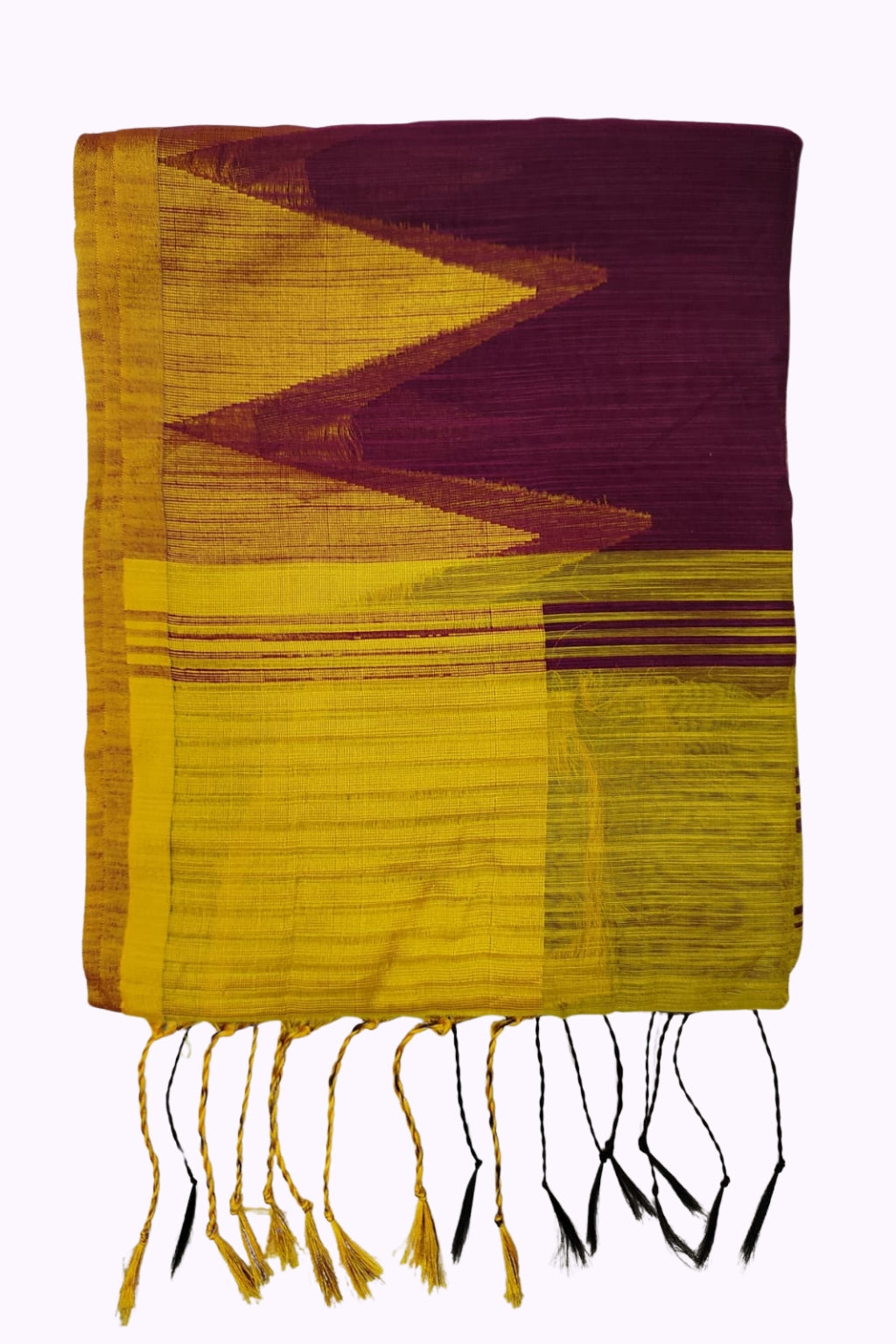Maroon & Mustard Yellow Handloom Cotton Saree with Bold Geometric Pallu & Tassels