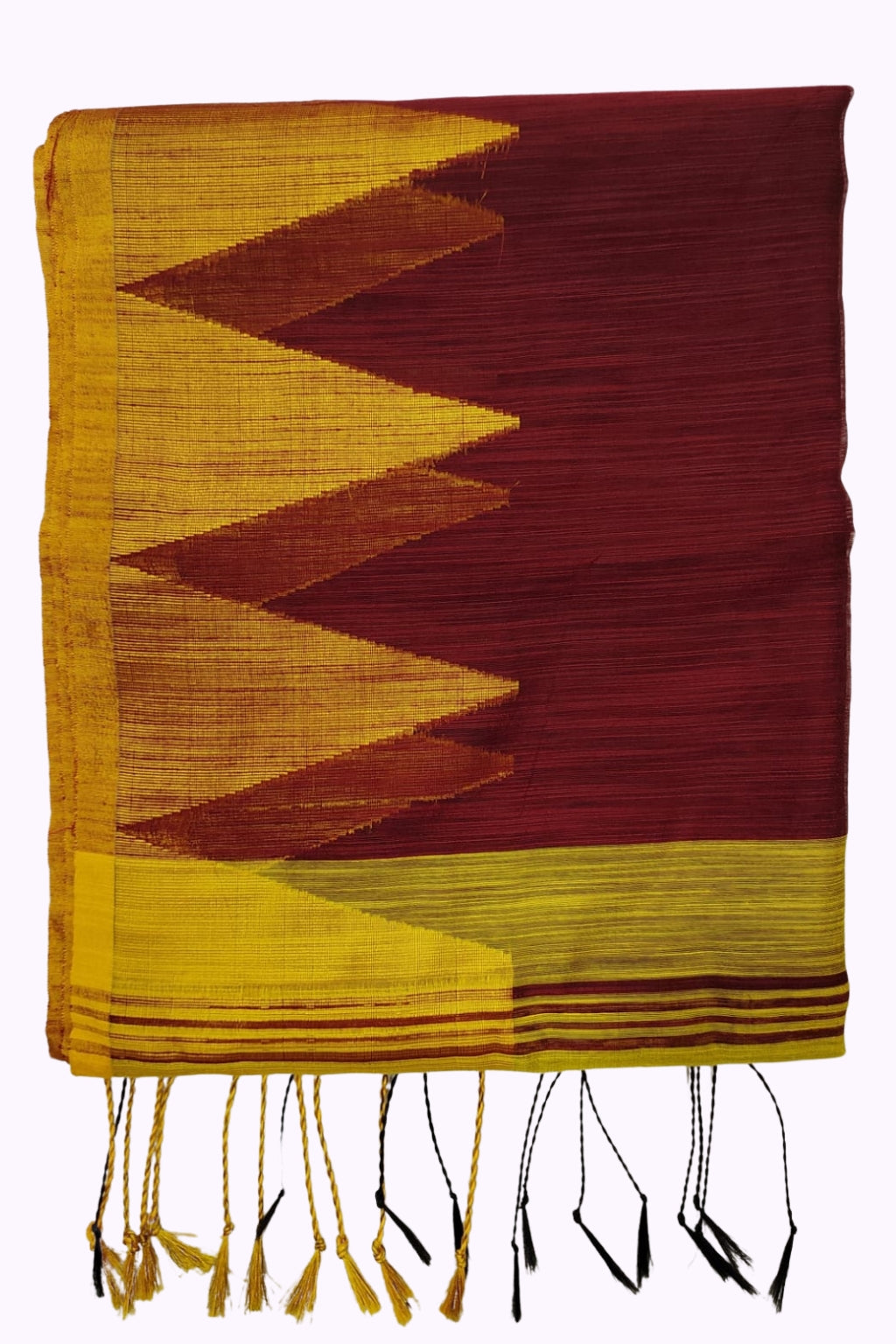 Rust Maroon & Mustard Yellow Handloom Cotton Saree with Bold Triangle Pallu and Tassels