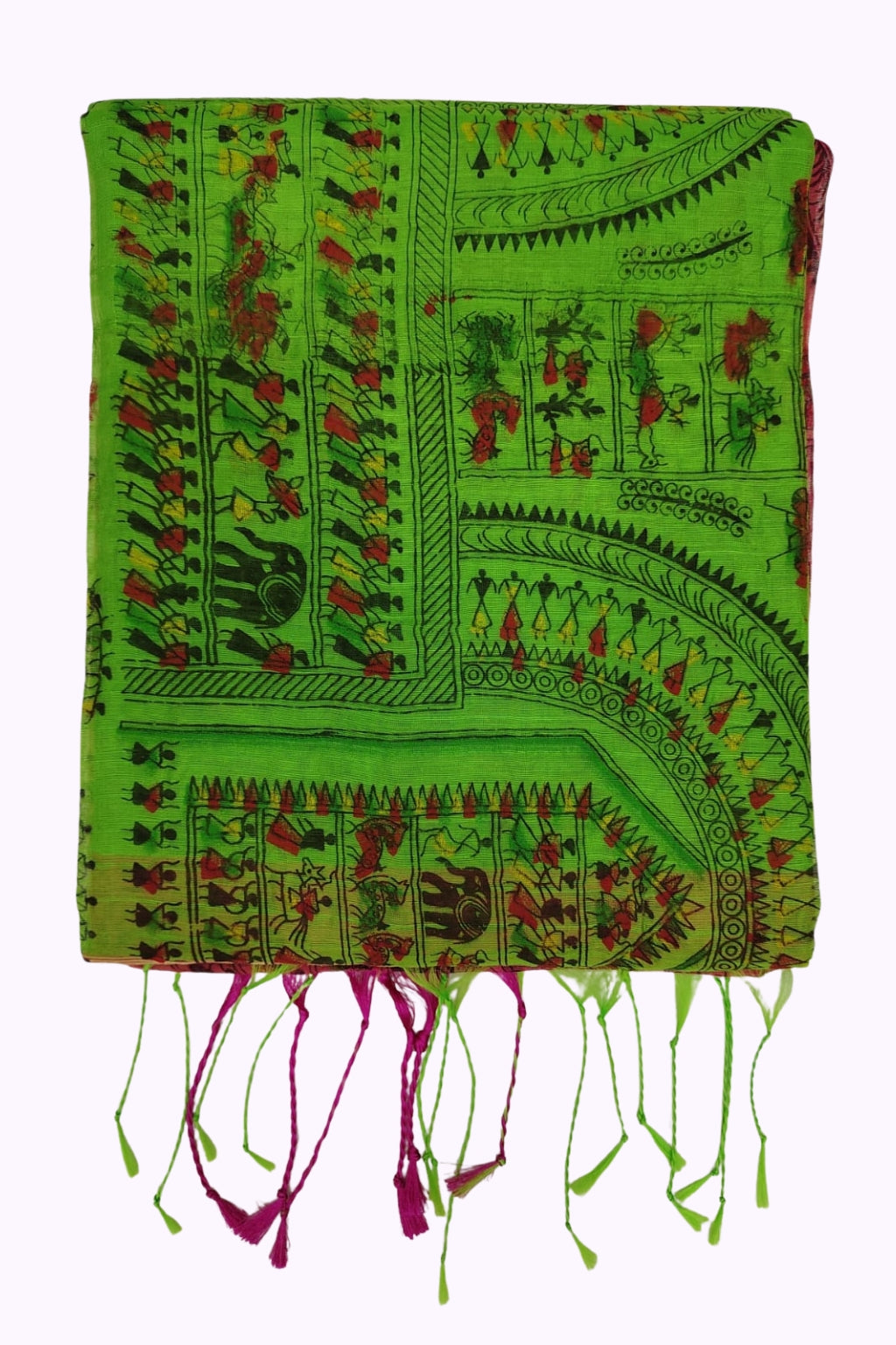 Parrot Green Handloom Cotton Saree with Tribal Warli-Inspired Print & Contrast Tassels