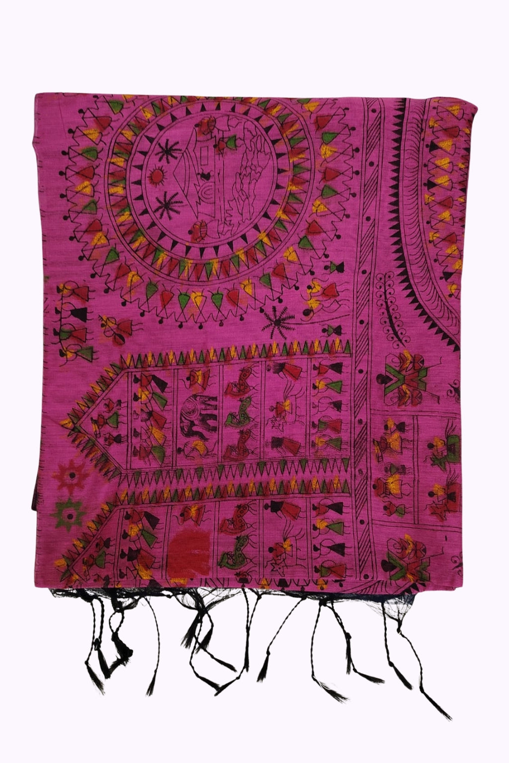 Rani Pink Handloom Cotton Saree with Tribal Folk Art Print & Black Tassels