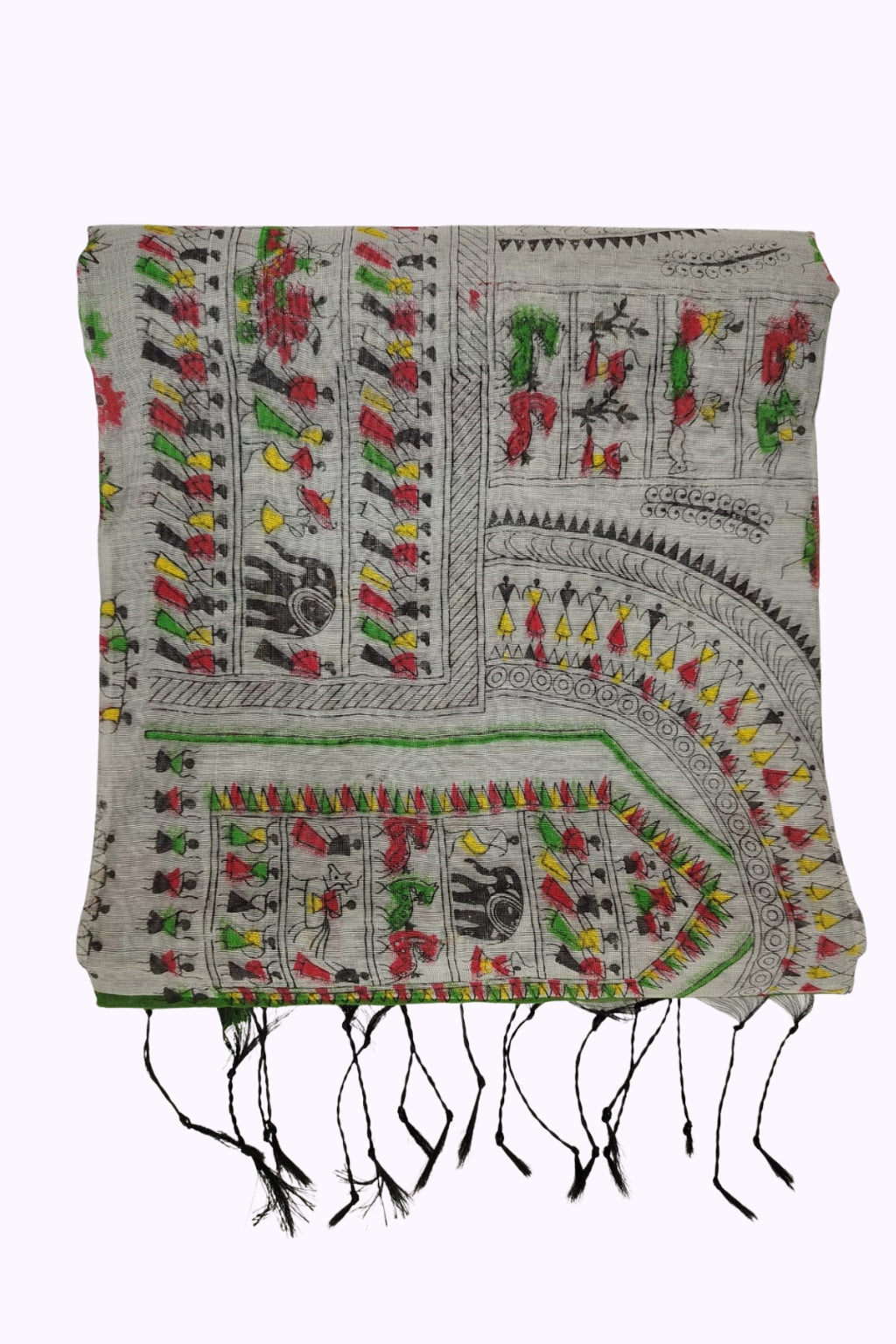 Grey Handloom Cotton Saree with Multicolor Tribal Folk Print & Black Tassels
