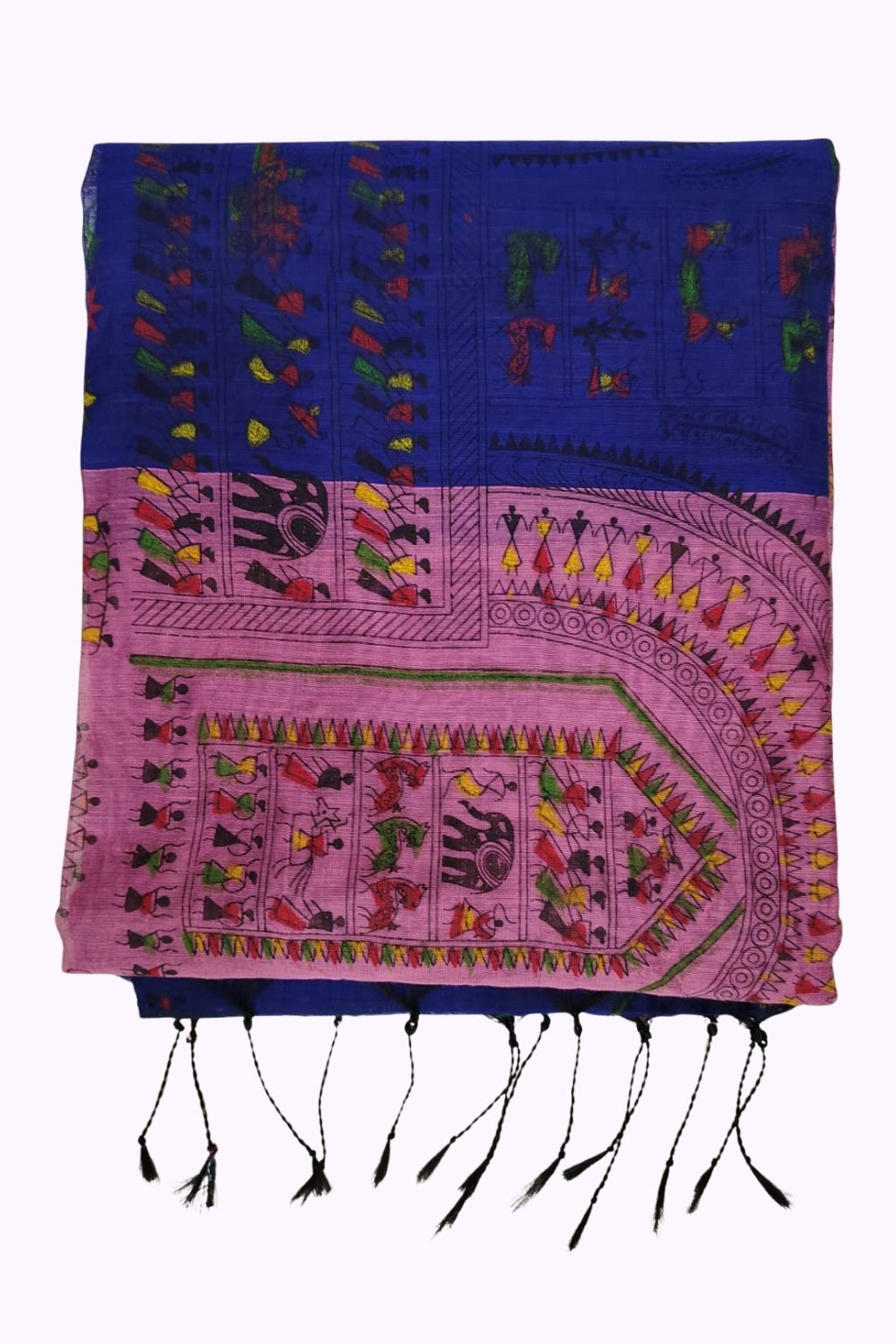 Royal Blue & Pink Handloom Cotton Saree with Tribal Folk Art Print
