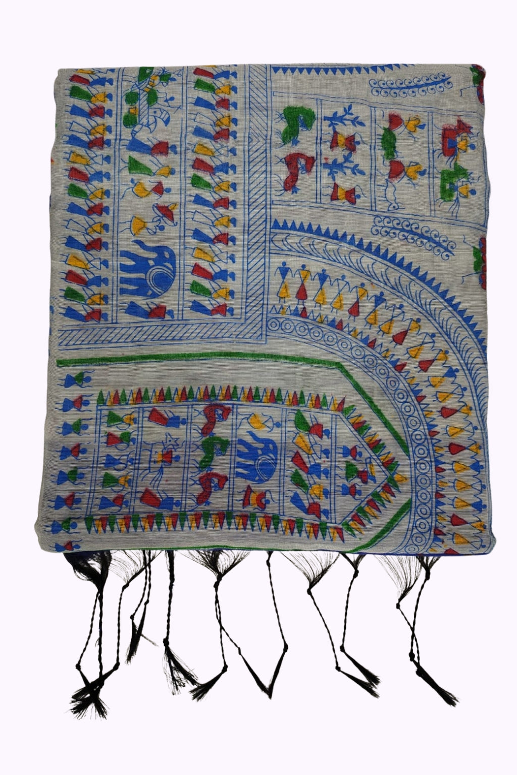 Elegant Grey Handloom Cotton Saree with Blue Tribal Folk Art Print