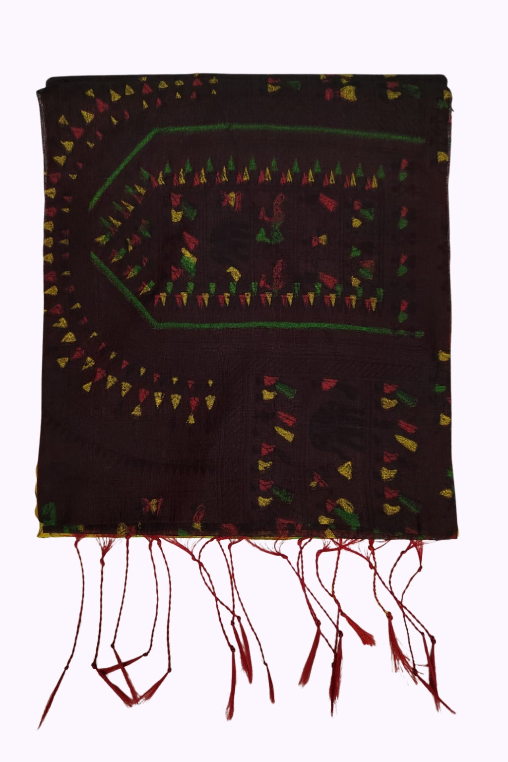 Deep Maroon Handloom Cotton Saree with Multicolor Tribal Motif Design