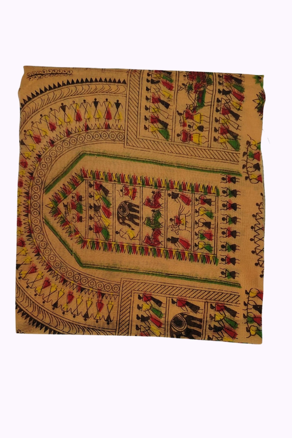 Mustard Yellow Tribal Art Handloom Cotton Saree with Folk Motif Print
