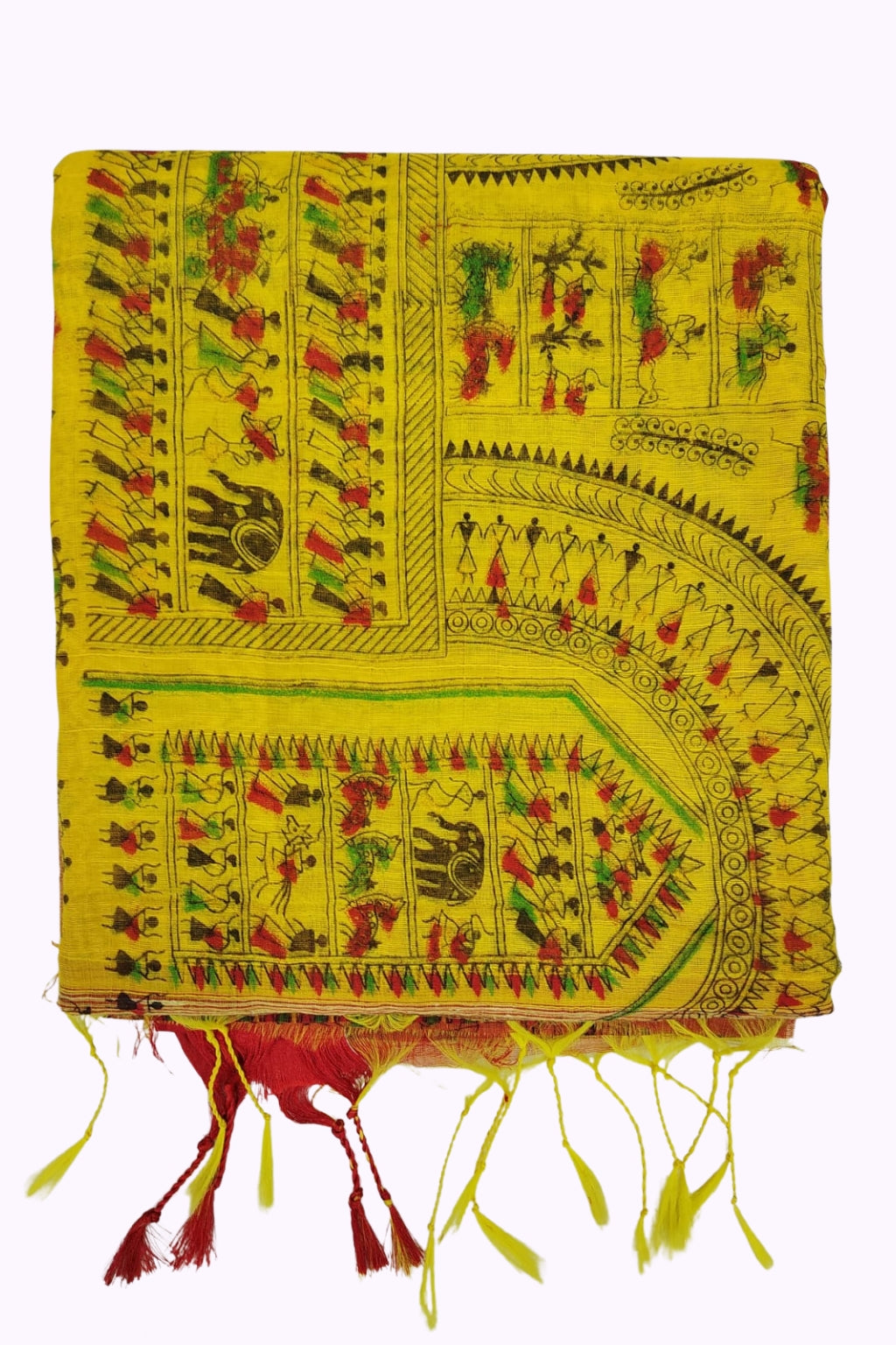Sunshine Yellow Tribal Art Handloom Cotton Saree with Folk Print & Tassels