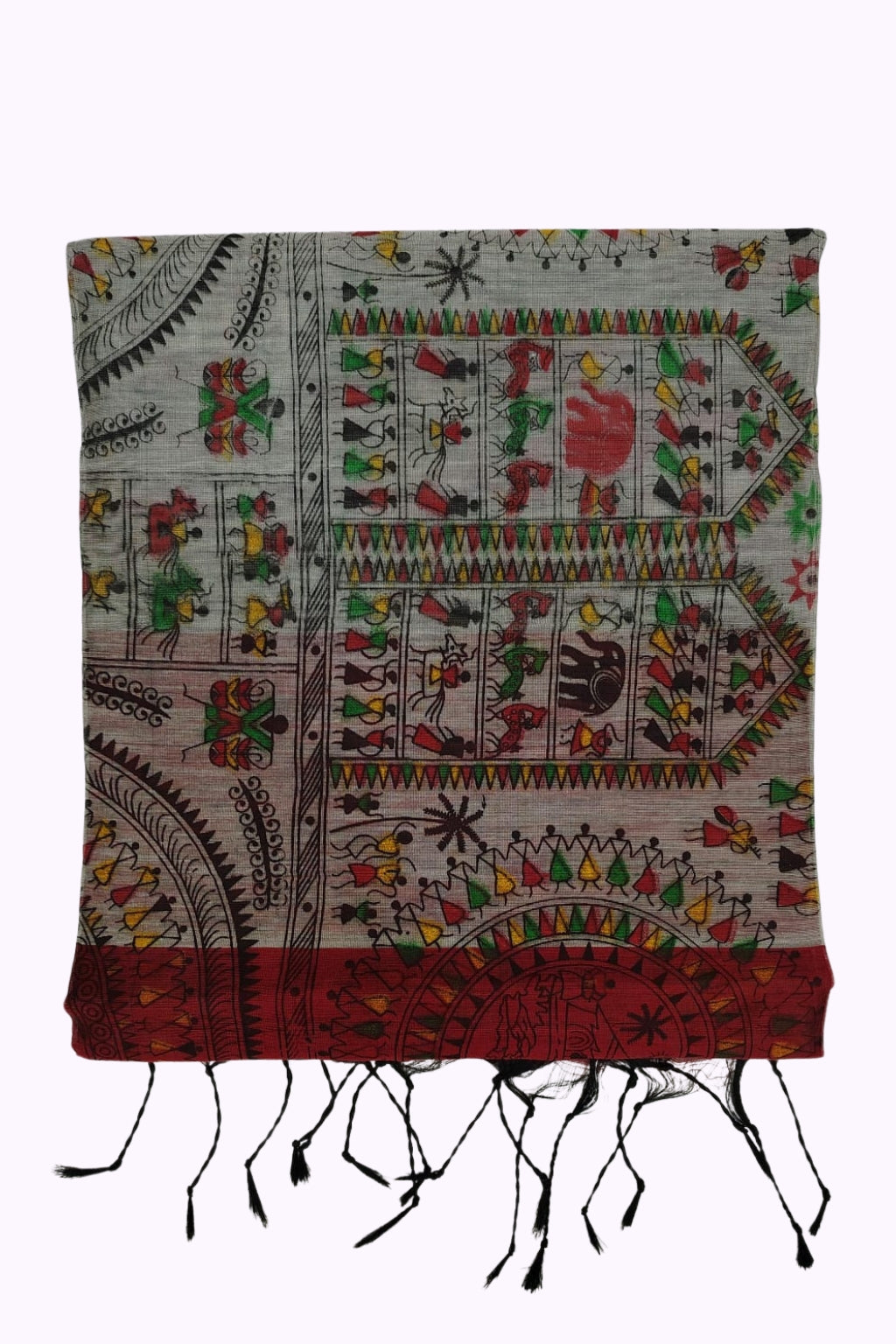 Ivory White Tribal Art Handloom Cotton Saree with Red Border & Folk Motifs