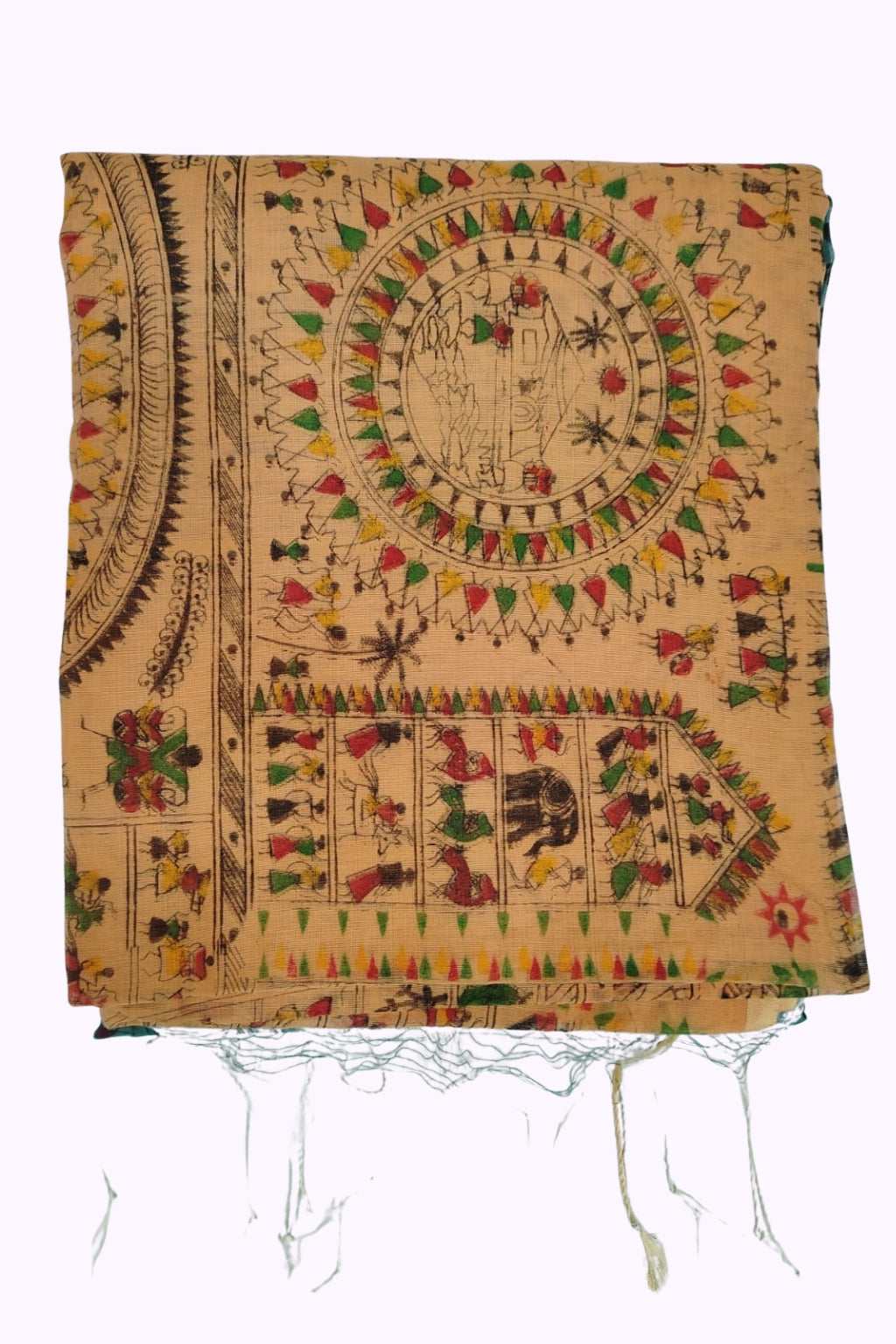 Beige Tribal Art Handloom Cotton Saree with Multicolor Folk Print & Tassels