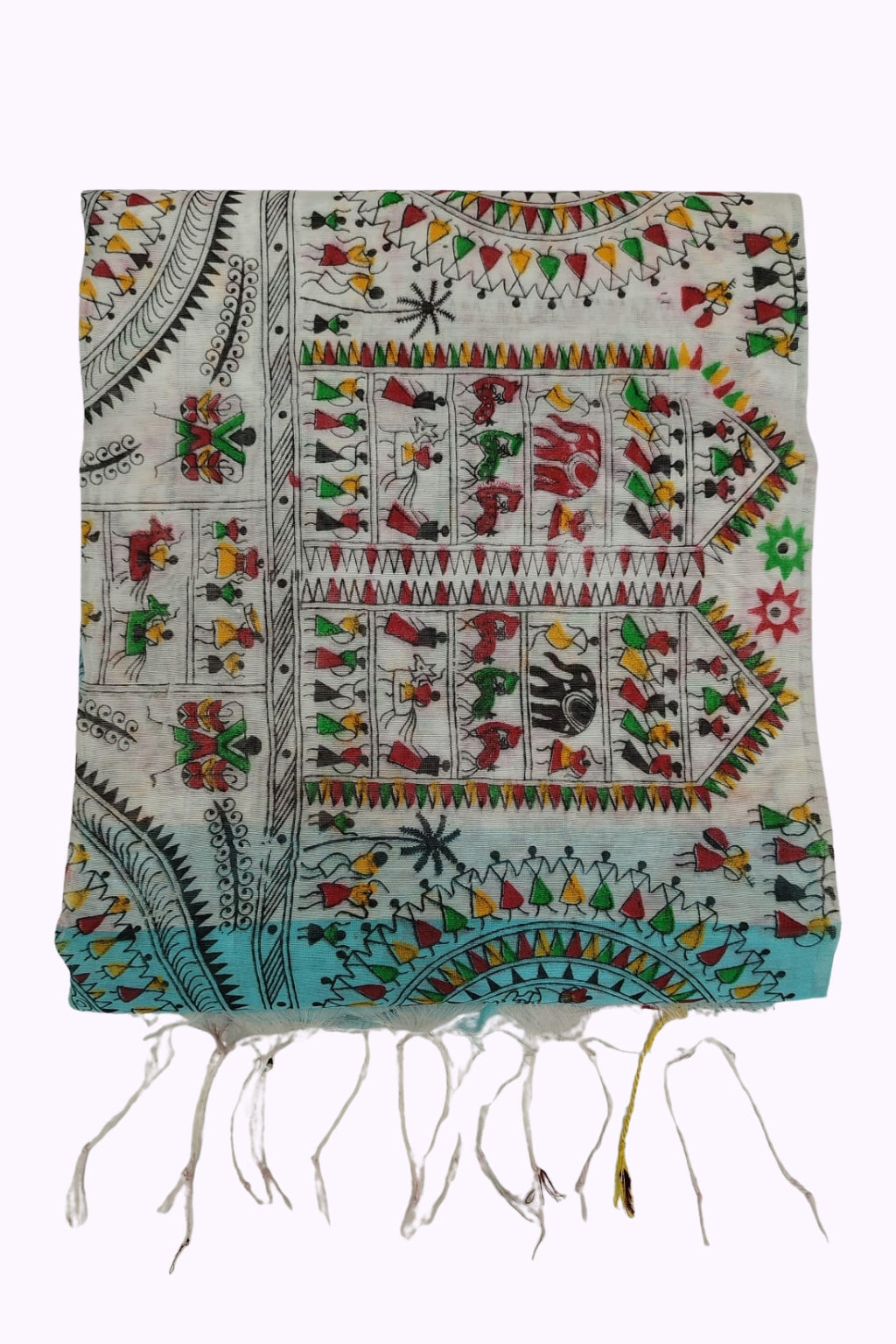 White & Aqua Tribal Art Handloom Cotton Saree with Multicolor Folk Print