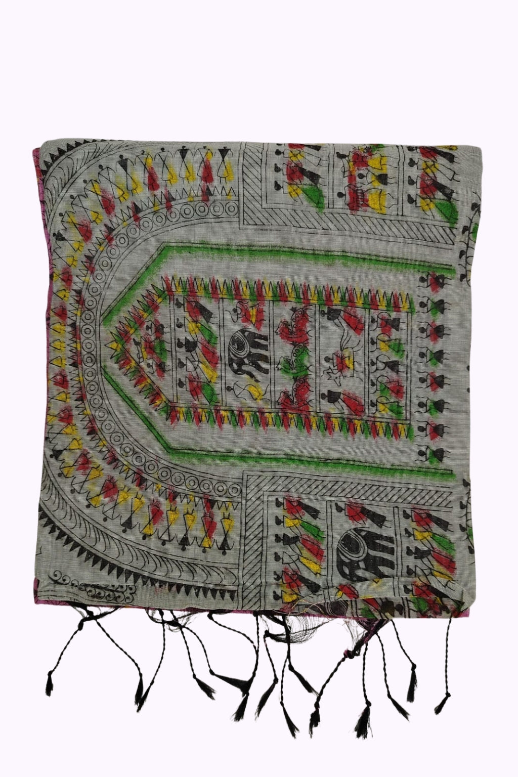 Grey Tribal Warli Art Printed Cotton Saree with Multicolor Folk Motifs