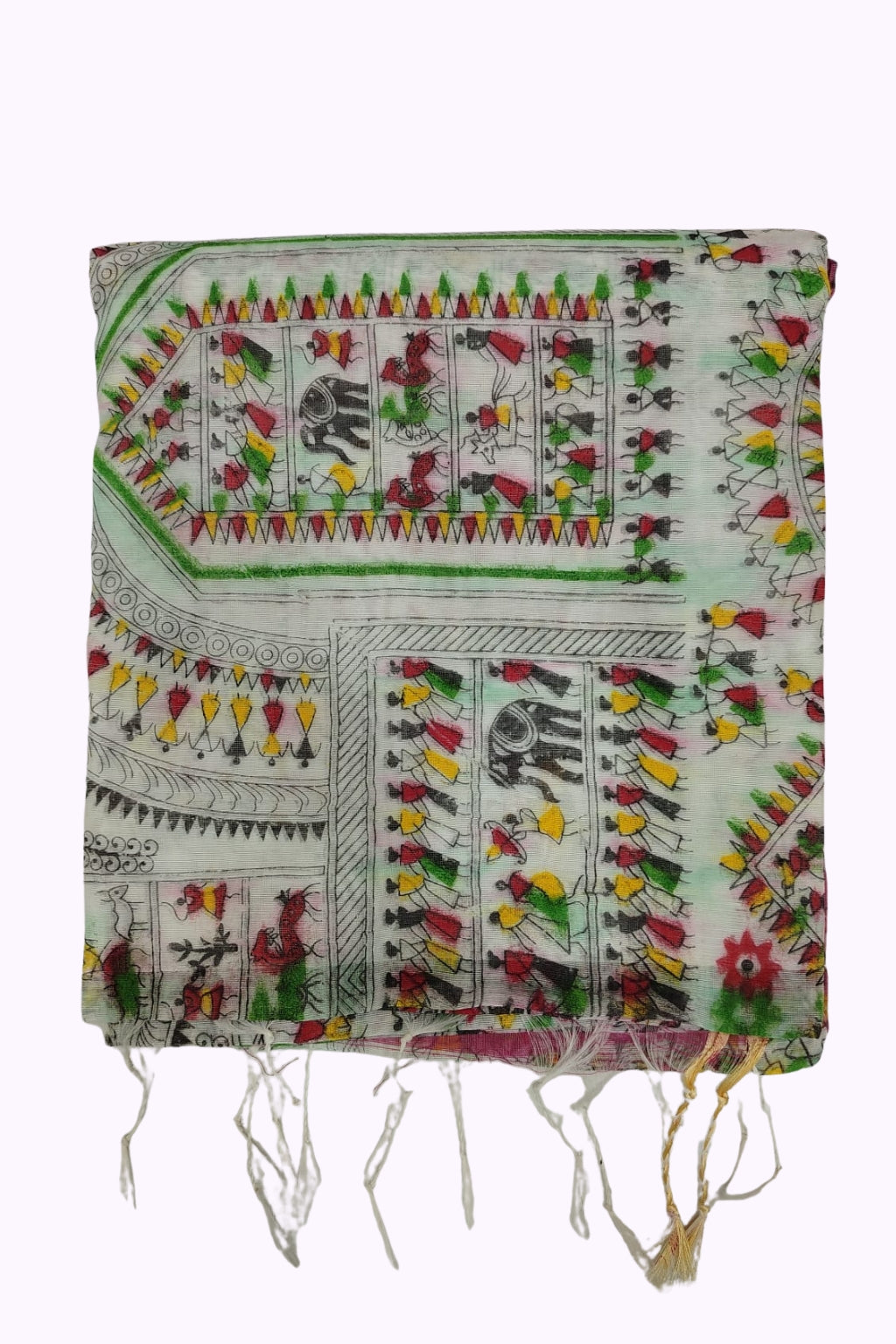 Off-White Warli Tribal Art Printed Cotton Saree with Multicolor Folk Motifs